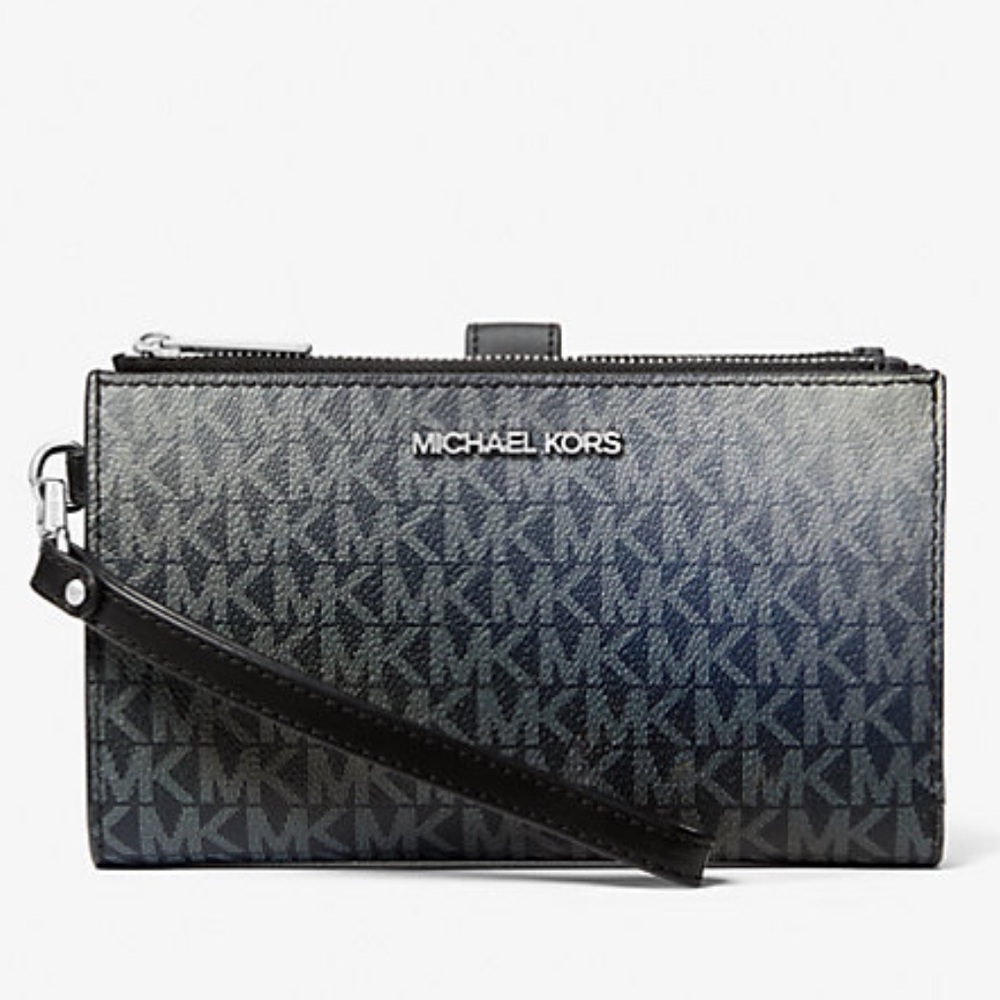 MICHAEL KORS Jet Set Lg Ombré Signature Logo Double Zip Wristlet Wallet 
Black
